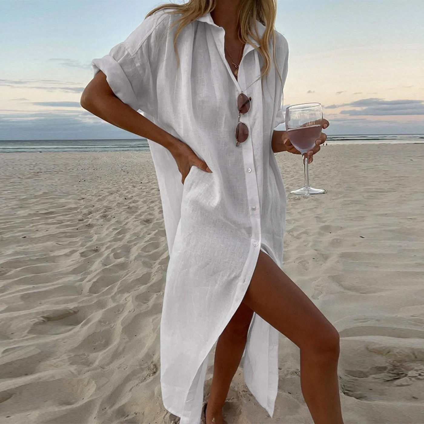 Zoya - Robe Chemise Fentes Hautes Et Détails Boutons