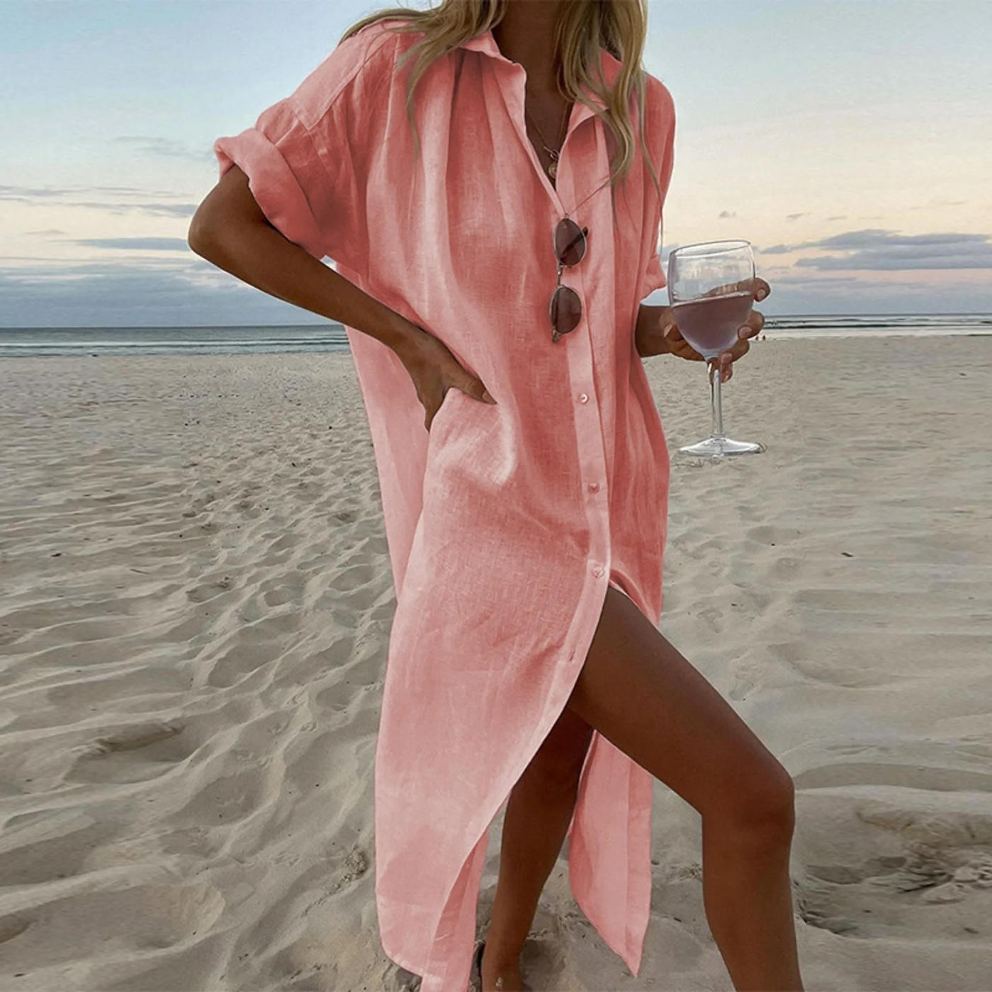 Zoya - Robe Chemise Fentes Hautes Et Détails Boutons
