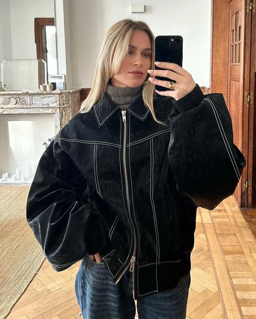 Veste Femme Oversized Noire Style Bomber Résistante au Froid