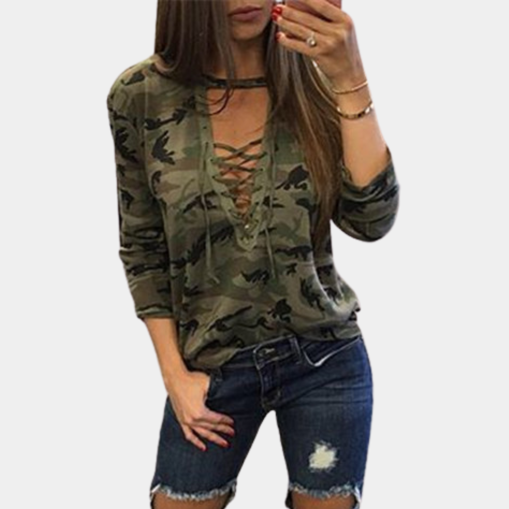 Sidonia - Audace et Élégance : Sweatshirt Camouflage avec Décolleté Profond