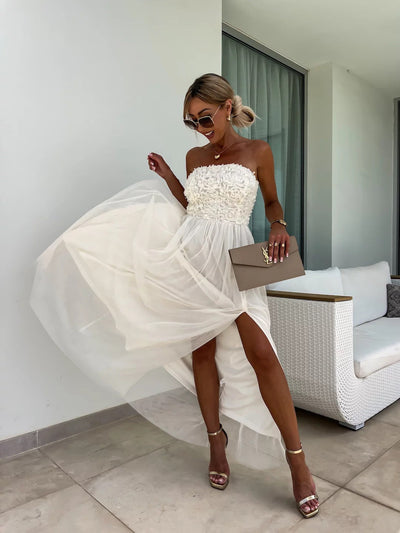 Anaïs | Robe longue élégante sans bretelles à fleurs
