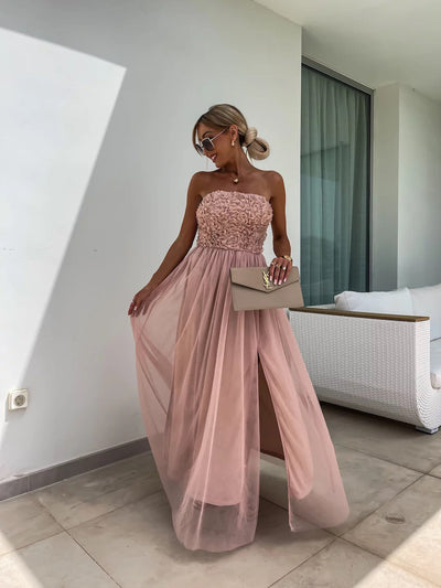 Anaïs | Robe longue élégante sans bretelles à fleurs