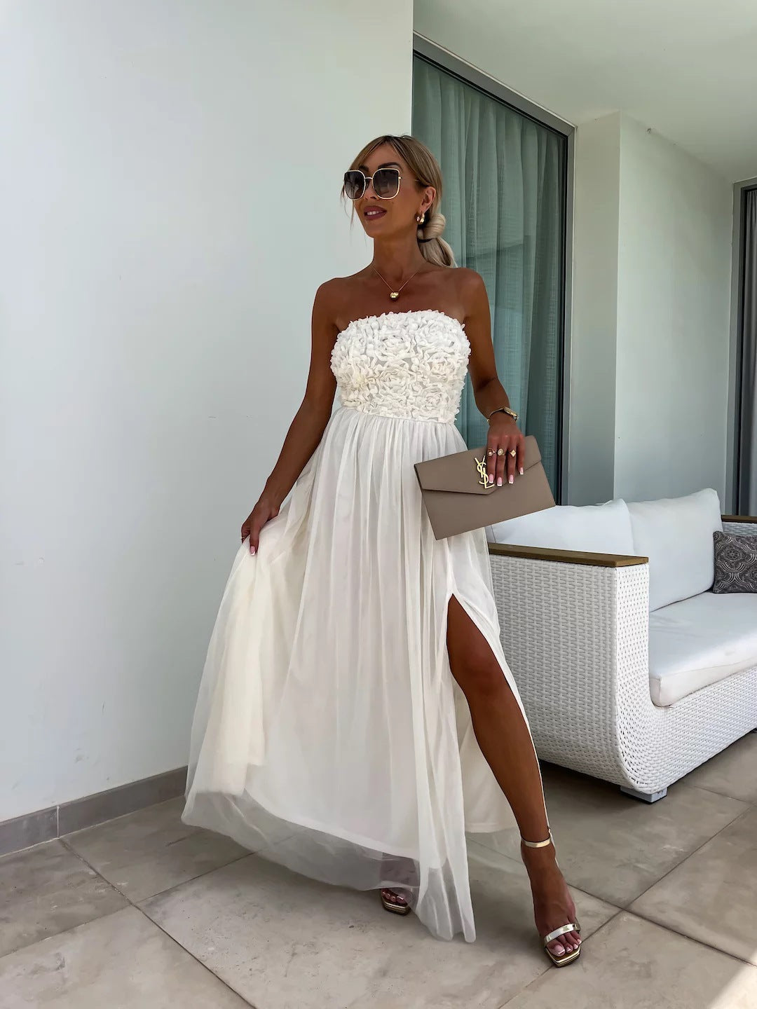 Anaïs | Robe longue élégante sans bretelles à fleurs
