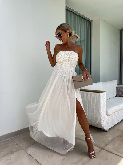 Anaïs | Robe longue élégante sans bretelles à fleurs