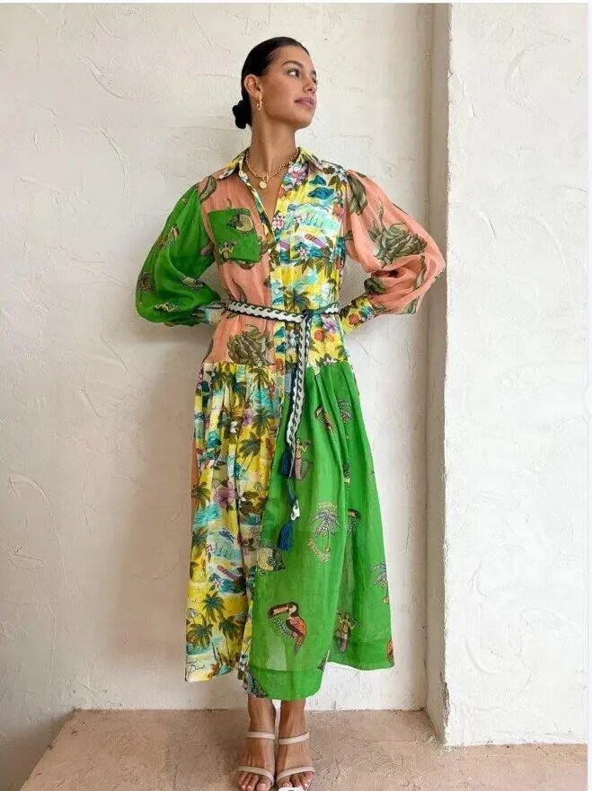 Shiloh - Robe longue à col polo et imprimé vintage pour femme