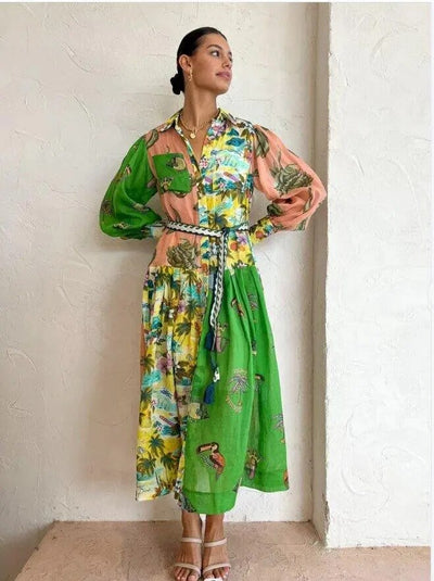 Shiloh - Robe longue à col polo et imprimé vintage pour femme