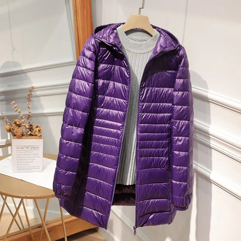 Auguste- Longue veste en duvet pour femmes avec capuche
