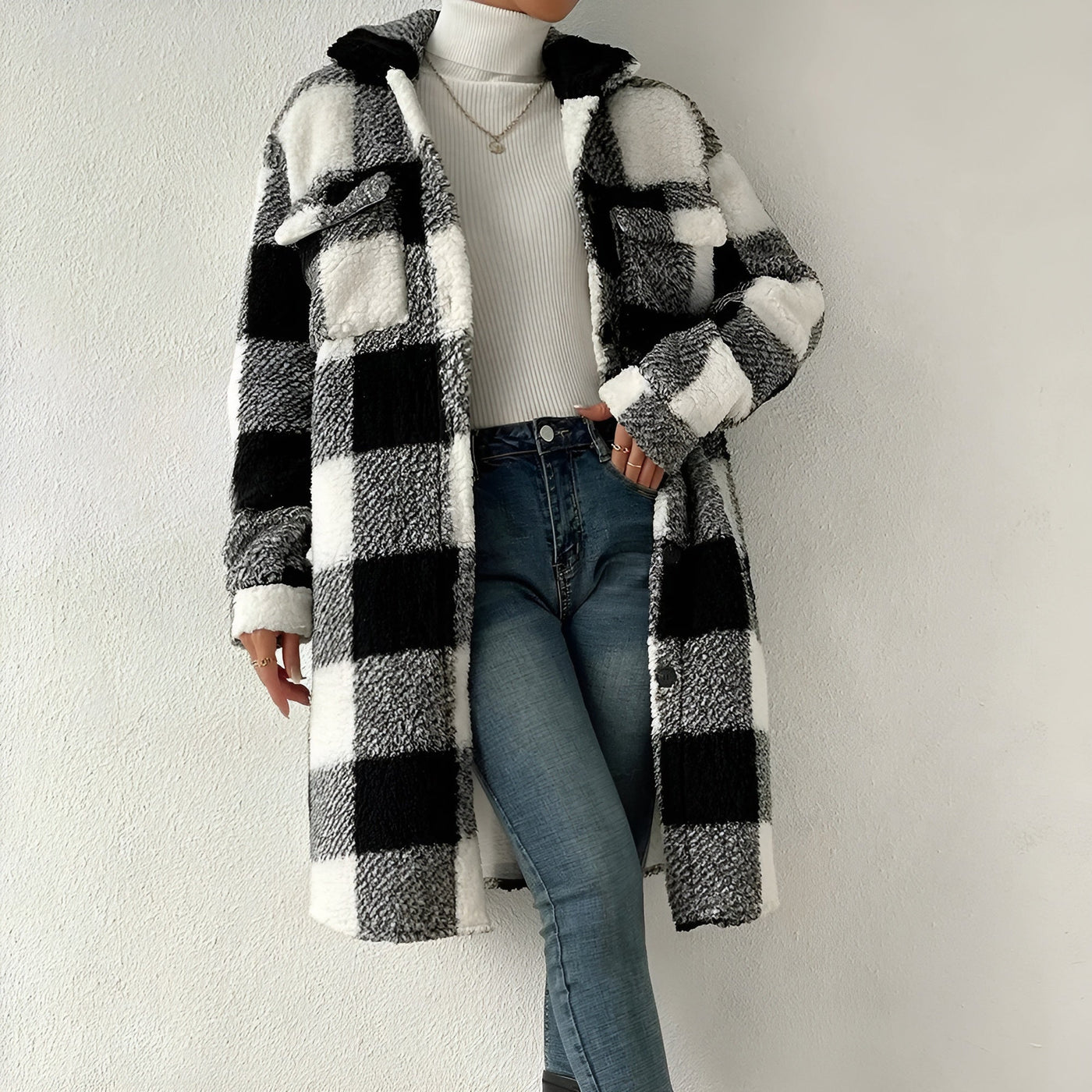 Veste Longue à Motif Damier pour Femmes