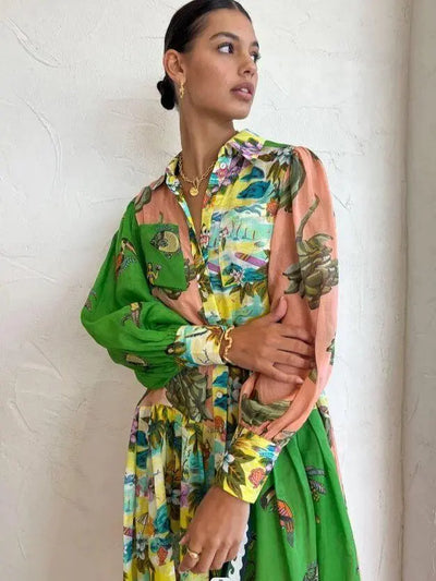 Shiloh - Robe longue à col polo et imprimé vintage pour femme