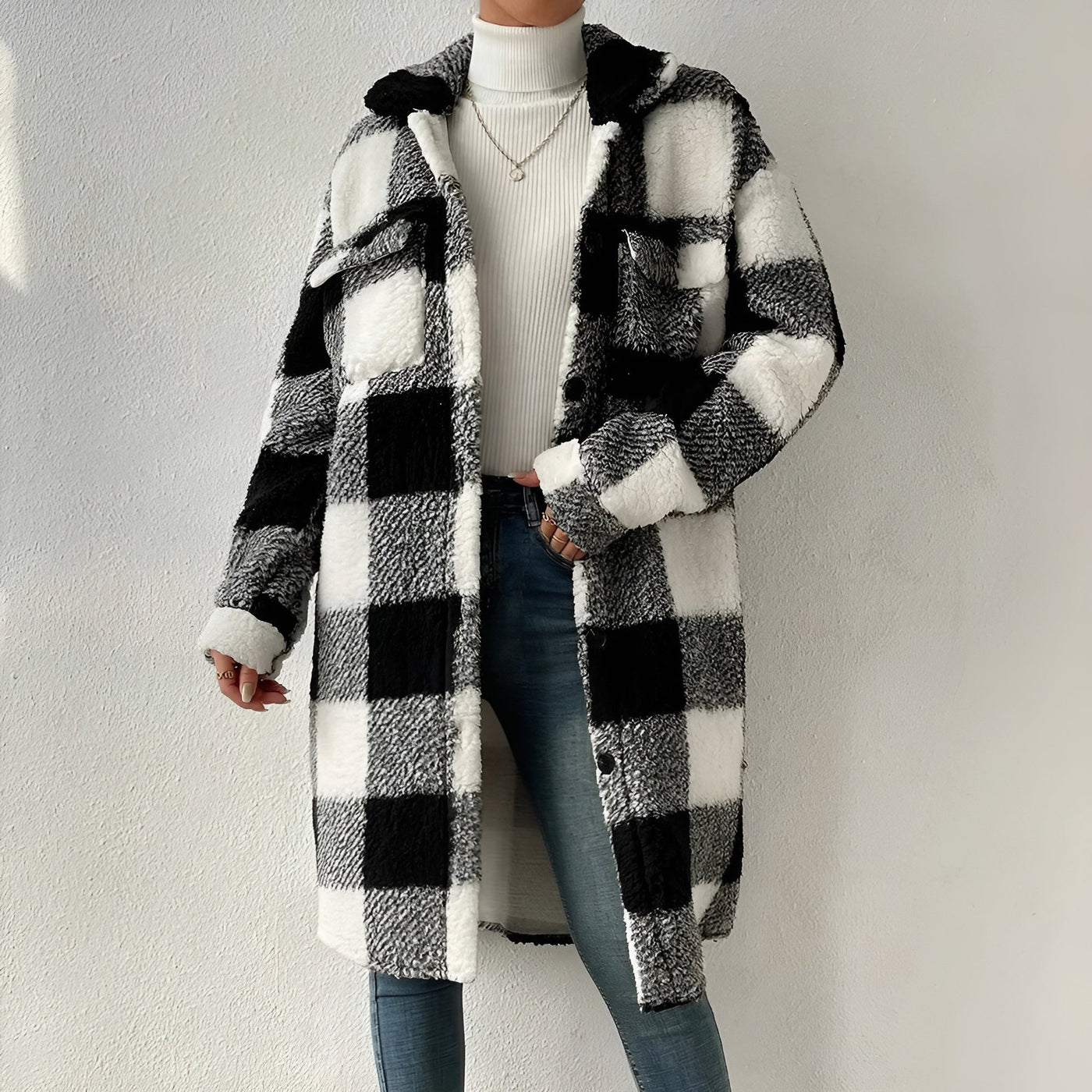 Veste Longue à Motif Damier pour Femmes