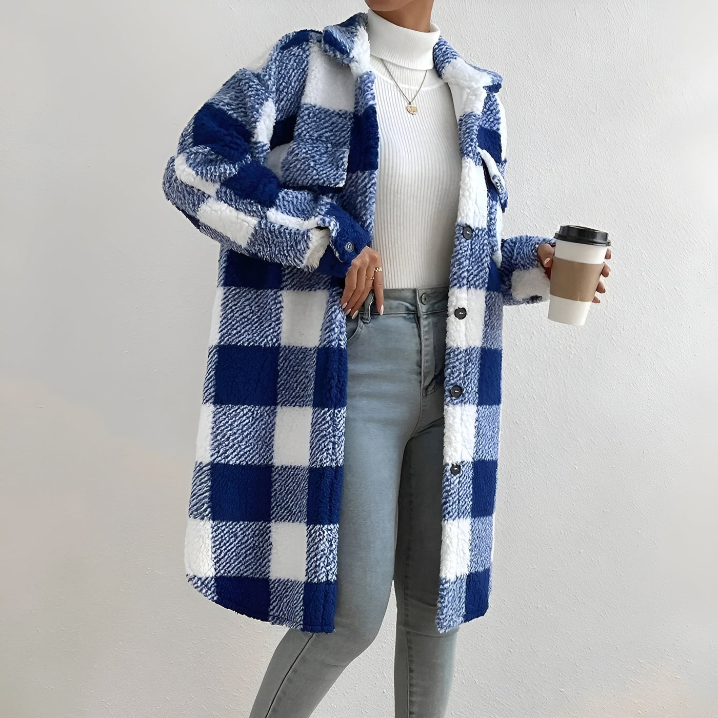 Veste Longue à Motif Damier pour Femmes