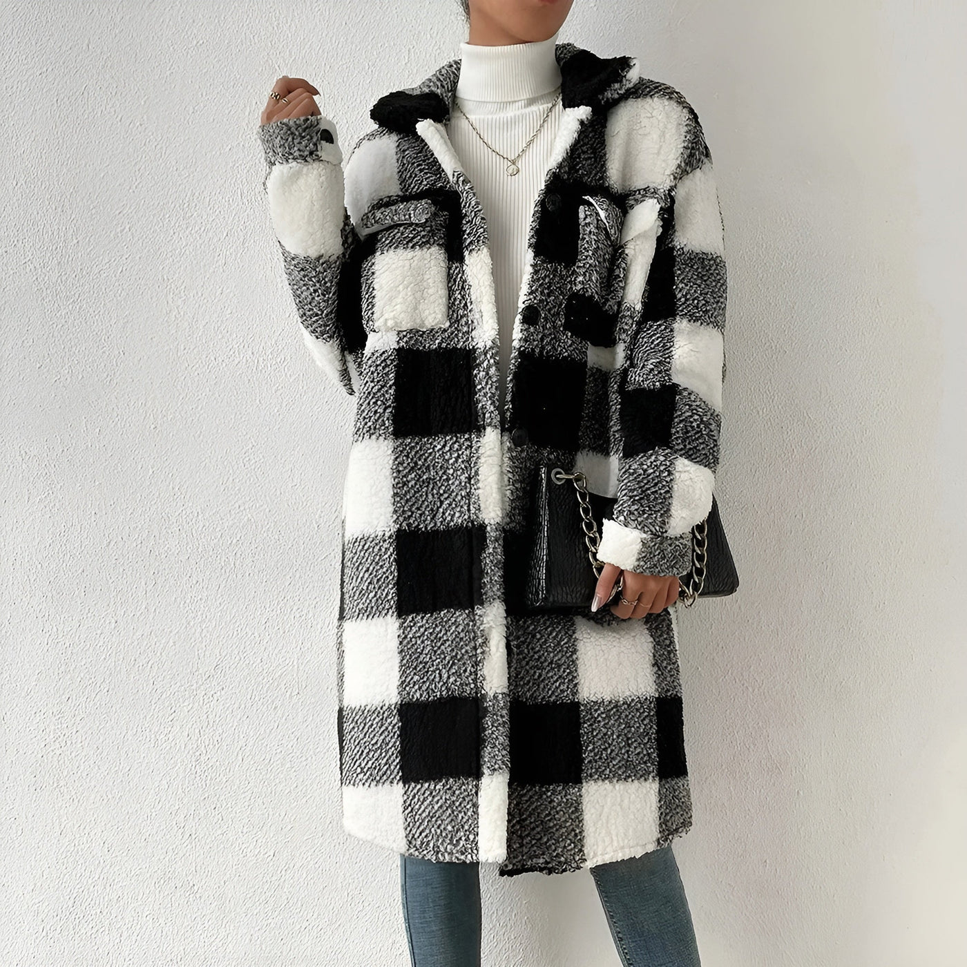 Veste Longue à Motif Damier pour Femmes