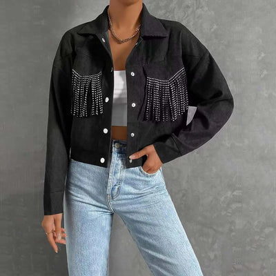 Veste Courte à Franges avec Col à Revers