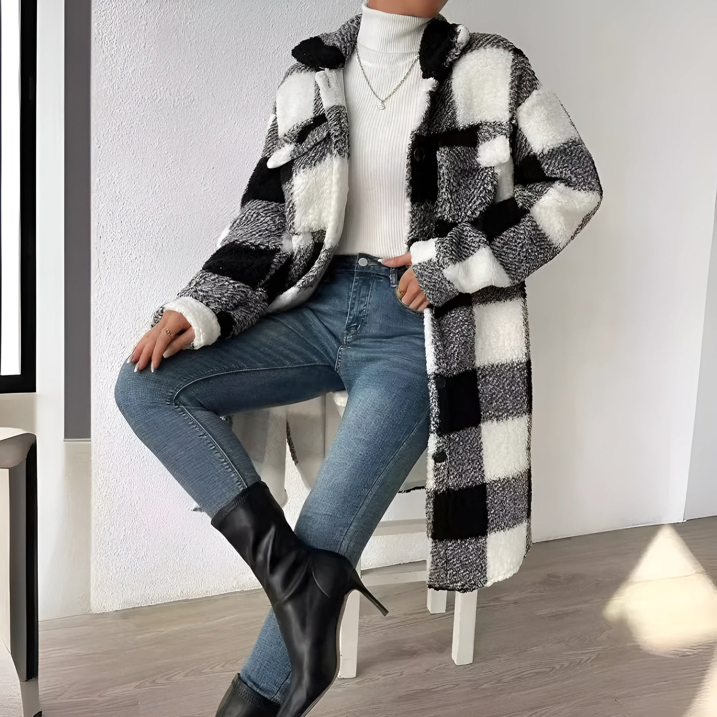 Veste Longue à Motif Damier pour Femmes