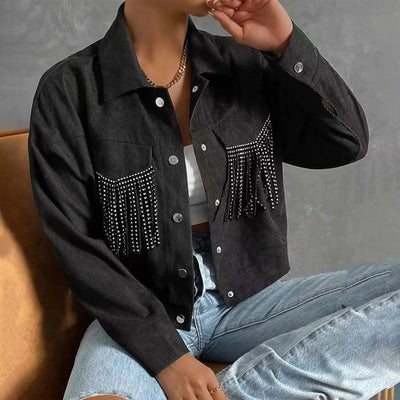 Veste Courte à Franges avec Col à Revers