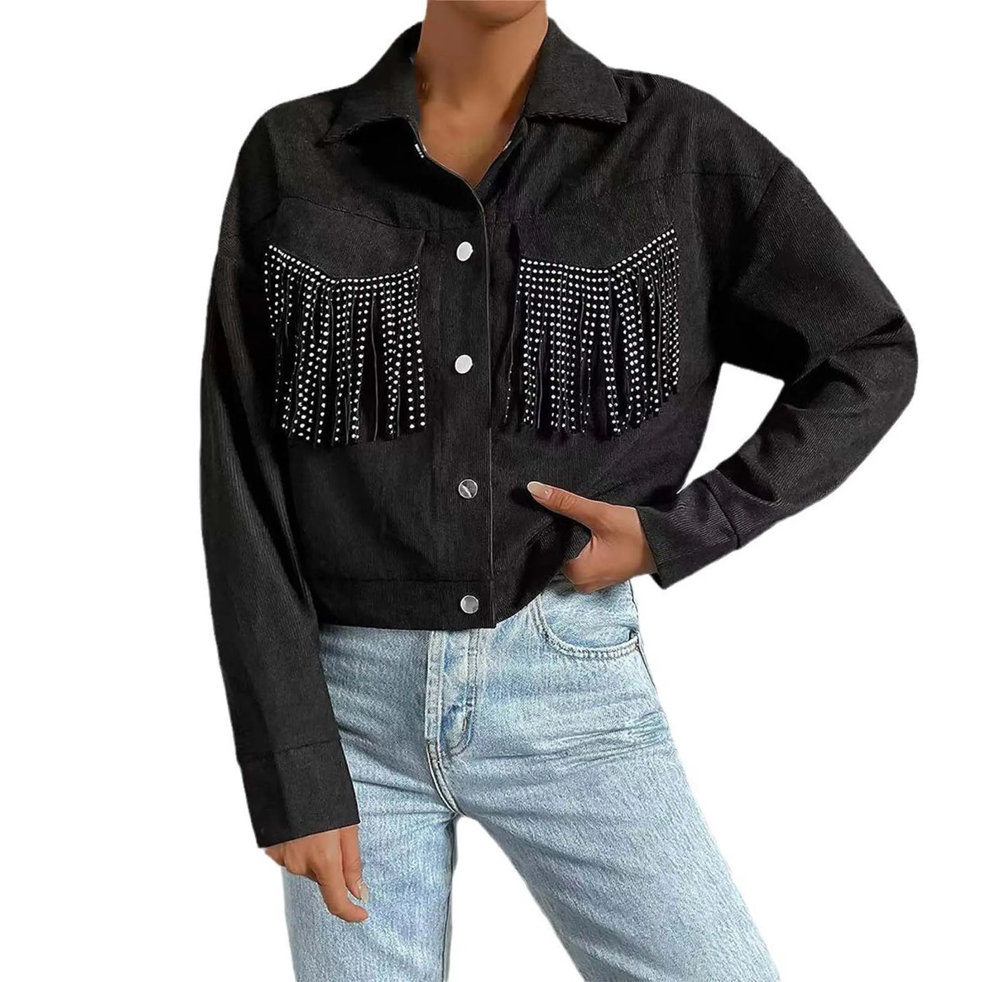 Veste Courte à Franges avec Col à Revers