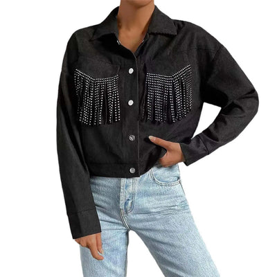 Veste Courte à Franges avec Col à Revers