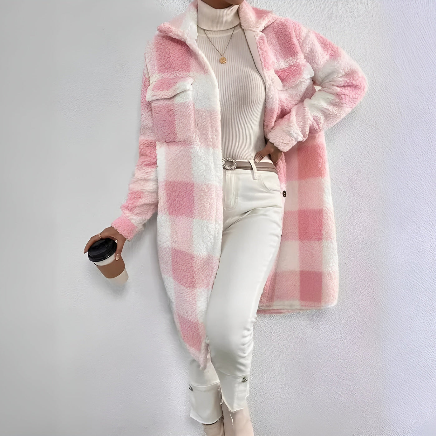 Veste Longue à Motif Damier pour Femmes