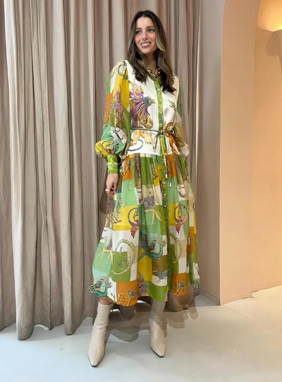 Shiloh - Robe longue à col polo et imprimé vintage pour femme