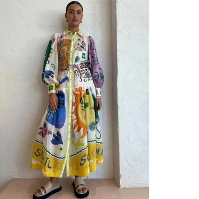 Shiloh - Robe longue à col polo et imprimé vintage pour femme