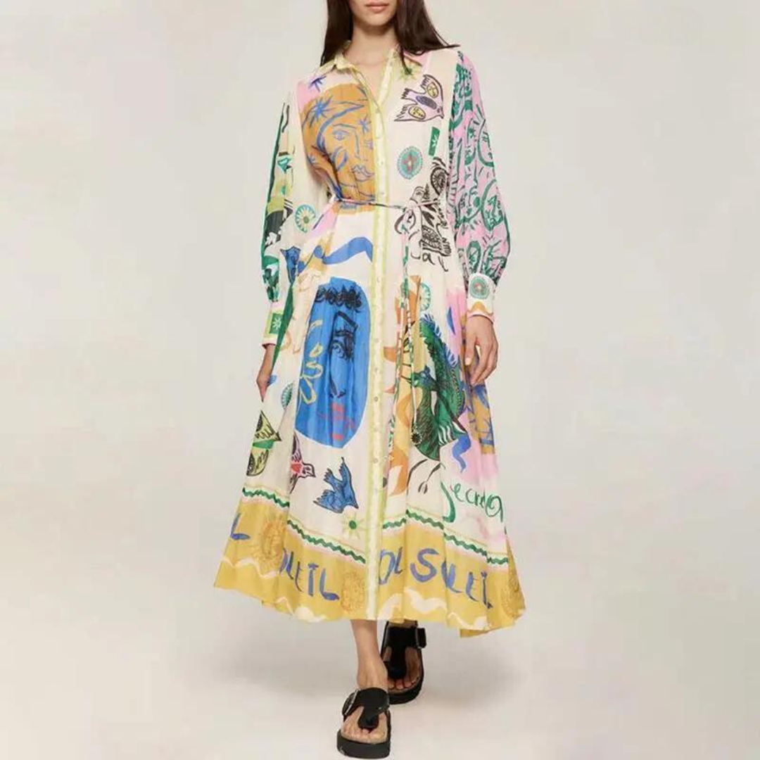 Shiloh - Robe longue à col polo et imprimé vintage pour femme