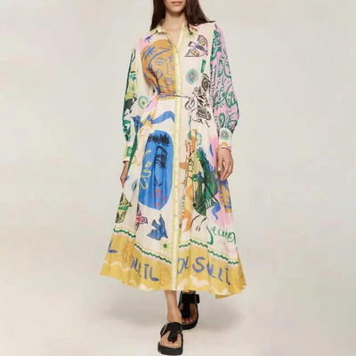 Shiloh - Robe longue à col polo et imprimé vintage pour femme