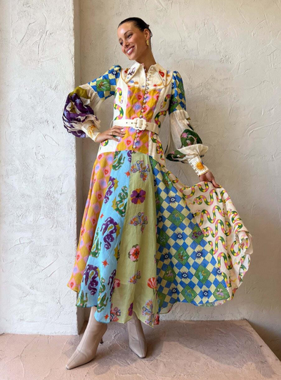 Shiloh - Robe longue à col polo et imprimé vintage pour femme