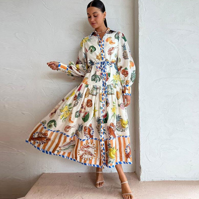 Shiloh - Robe longue à col polo et imprimé vintage pour femme