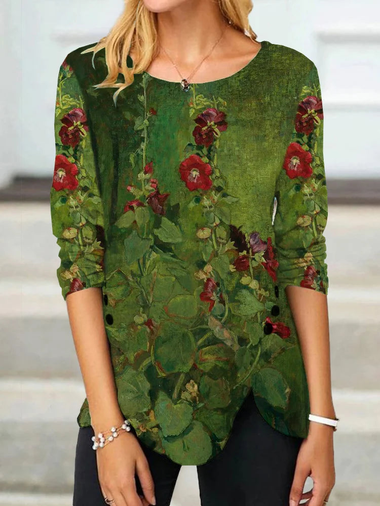 Adeline - T-Shirt Boutonné À Fente Avec Rose Artistique