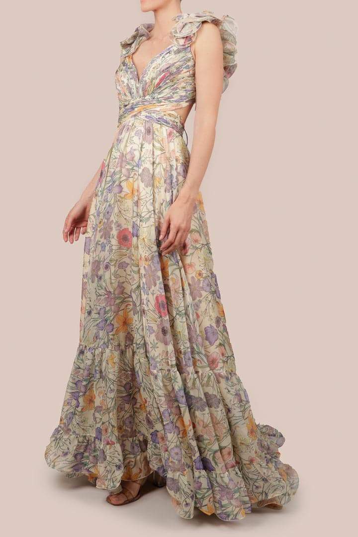 Vivienne | V-Cou Mousseline Maxi Robe Avec Florale Impression