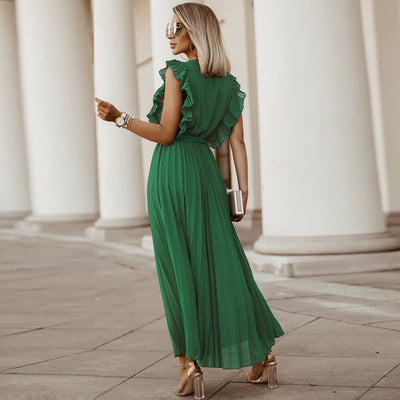 Morgane - Robe bohème verte pour femme avec col en V