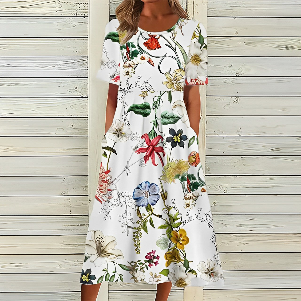 Regina - Robe blanche élégante à imprimé floral