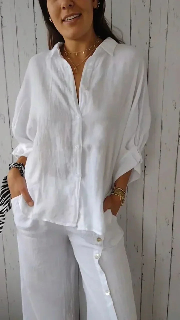 Lea -  Chemisier en coton-linen avec patte de boutonnage