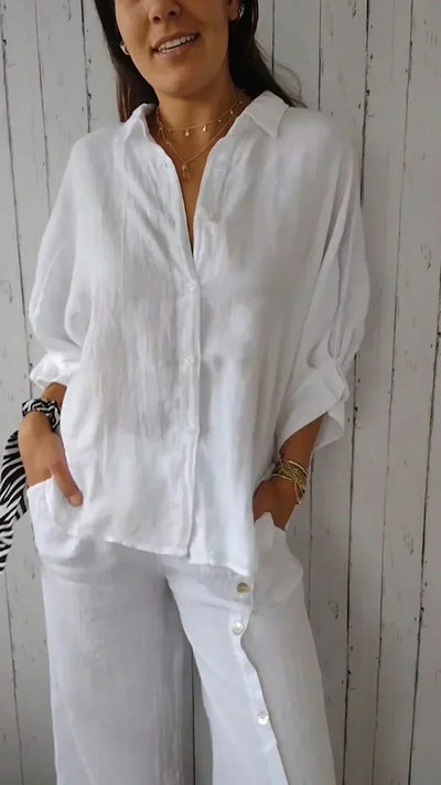 Lea -  Chemisier en coton-linen avec patte de boutonnage