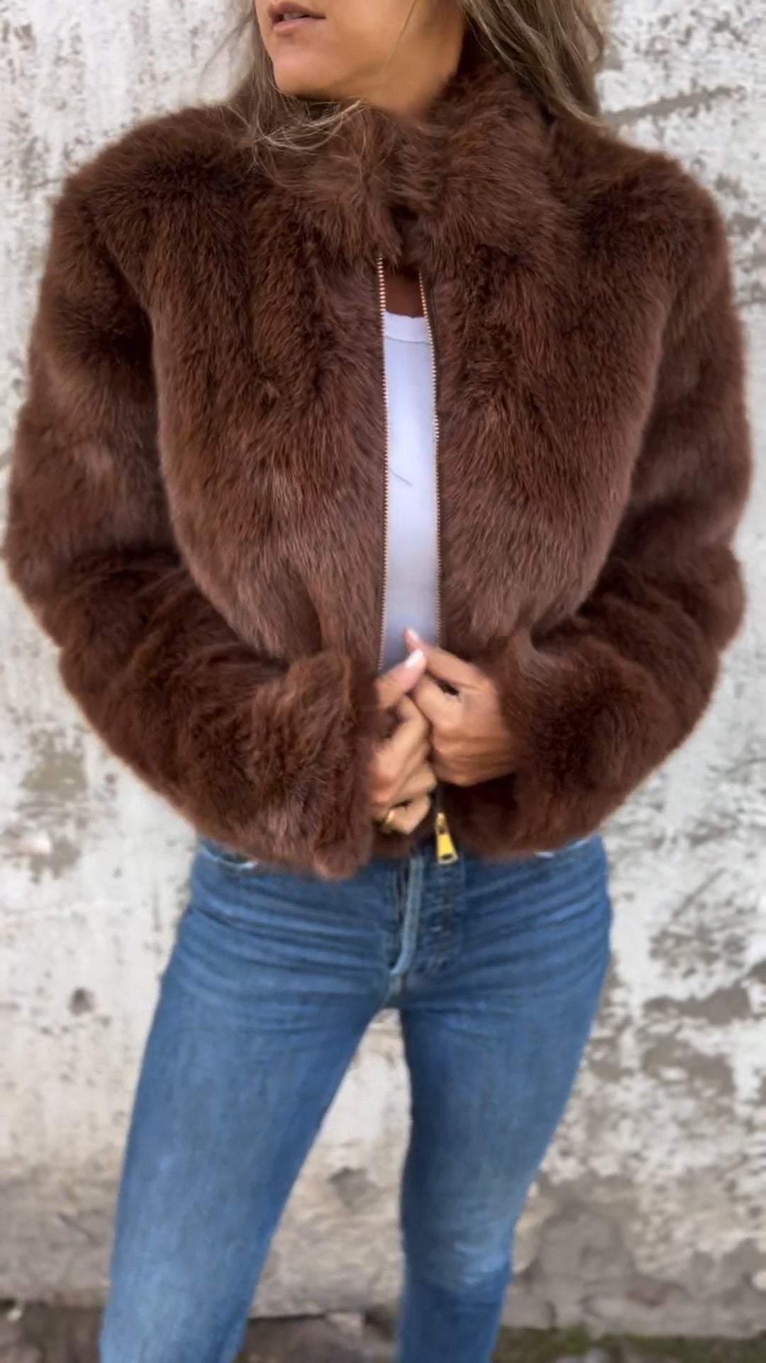 Veste décontractée zippée à col haut en fourrure pour femme