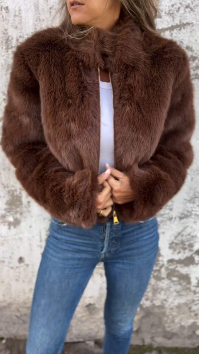 Veste décontractée zippée à col haut en fourrure pour femme