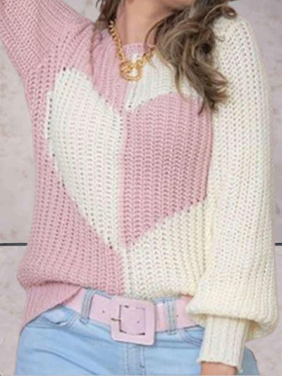Freya - Pull décontracté en maille bicolore à col rond et motif cœurs