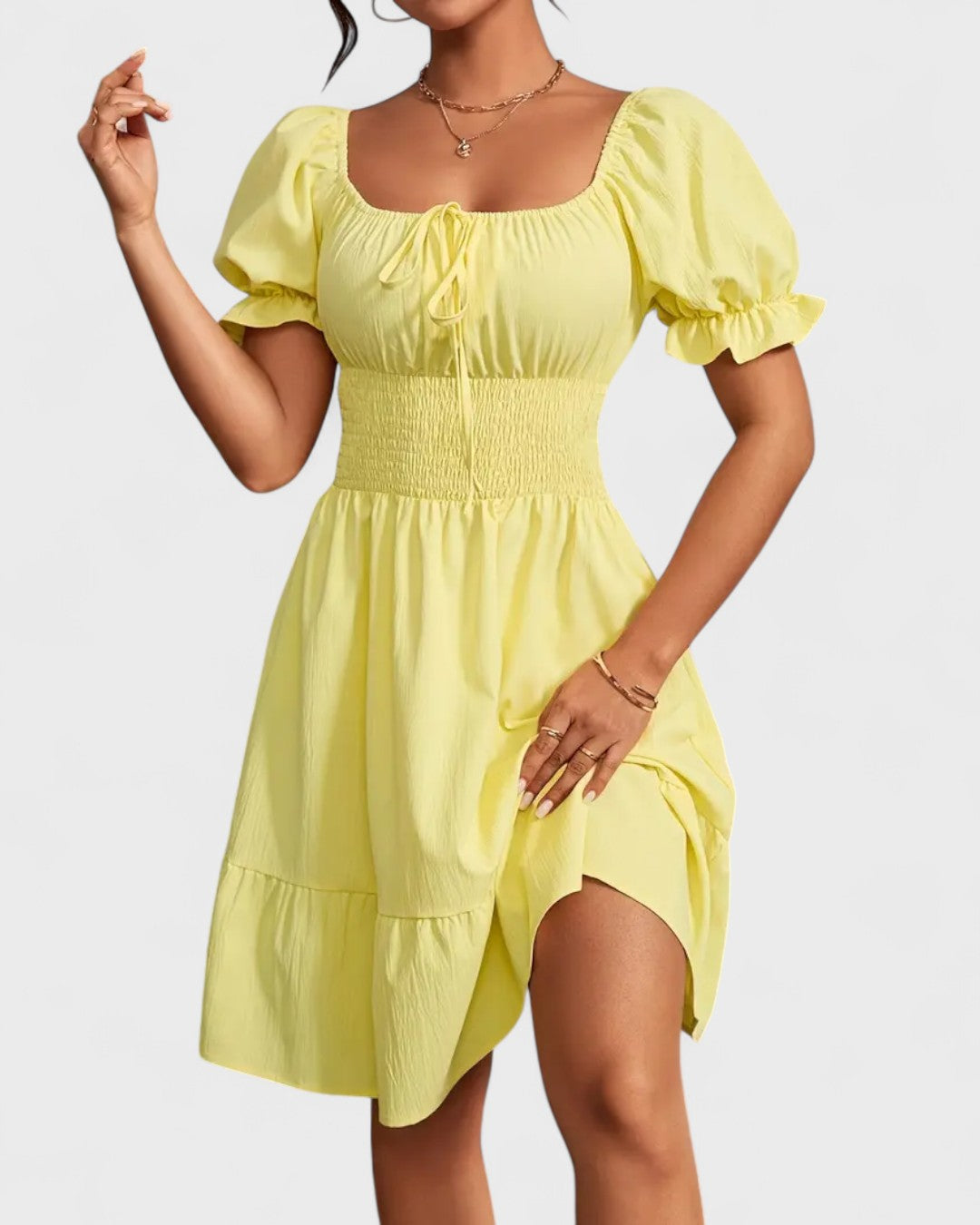Violette | Robe d'été unie à manches bouffantes et ourlet volanté