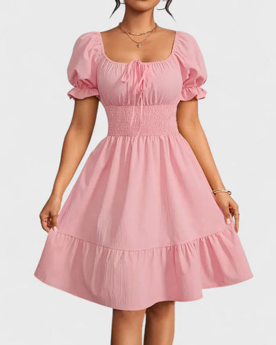 Violette | Robe d'été unie à manches bouffantes et ourlet volanté