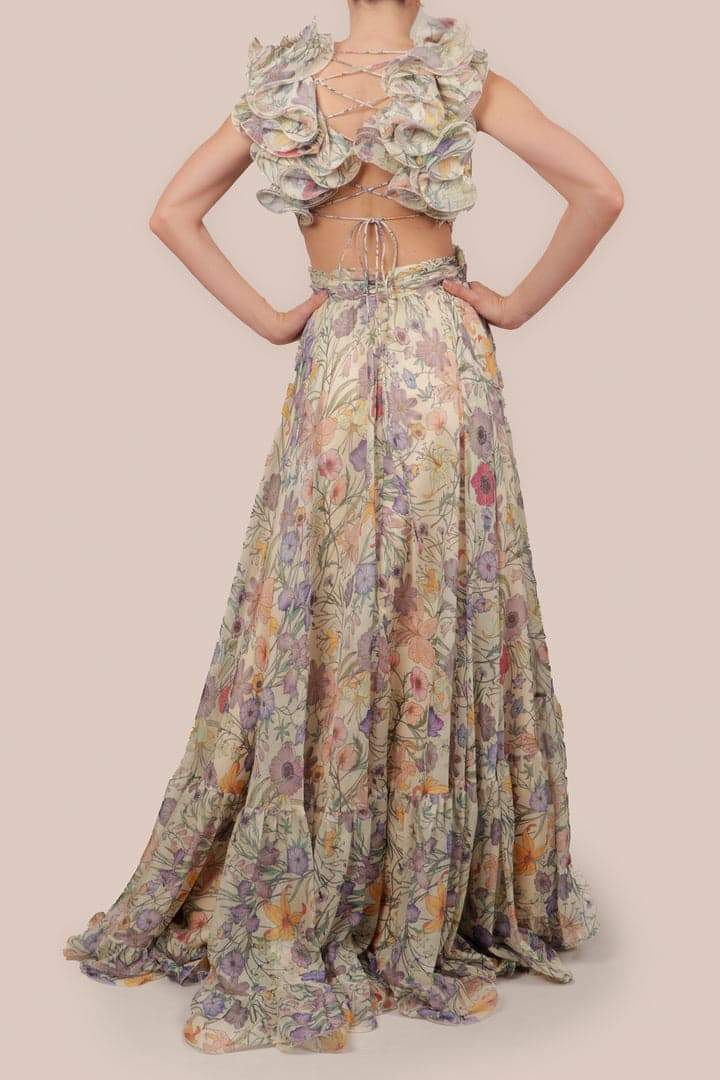 Vivienne | V-Cou Mousseline Maxi Robe Avec Florale Impression